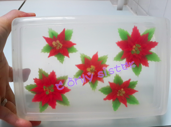 step1: 透明部份：
先將啫喱粉，糖，魚膠粉搞勻。。。加入滾水搞溶後放
涼。。長方型盒用少許熟油（即係煮熟再放涼嘅油）...塗勻整個
盒。。將啫喱水倒入。。。放回雪櫃雪至凝固。。放入雪櫃雪至凝固...(最少四小時或一晚..更容易唧花)..