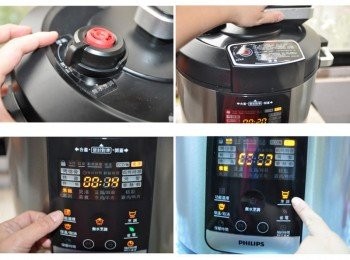 step3: 關緊上蓋後，轉限壓閥至無水烹調功能，再按左邊功能選擇鍵選擇【米飯】14分鐘，最後按住右邊烹調鍵約3~5秒開始燉煮!