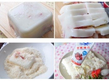 step4: 食用前將冰涼雪花糕切成塊狀，再放入椰子粉均勻沾裹，想要甜蜜一點的口味，就再擠上煉乳囉！