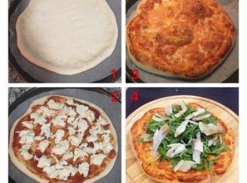 step4: 烤箱預熱到200度 1.將小圓型麵皮拿到鋪了烘培紙的烤盤上,延著麵皮的邊拉開ㄧ圈,拉到與烤盤差不多大,再用手掌側邊整型麵皮的邊,並延著邊邊壓ㄧ圈讓麵皮的邊隆起。 2.塗上醬料,放上馬薩瑞拉起司,入烤箱烤13分鐘,到起司溶化,餅皮上色。 4.批薩出爐後放到擺盤容器上,再放上芝麻菜、帕馬森和紅酒醋即可。