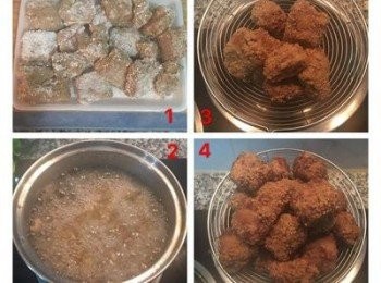 step4: 起一油鍋，油溫約為170-180度左右，丟一小塊地瓜粉會馬上起泡浮起的程度，將沾粉回潮後的排骨入油鍋炸，全程維持中火，炸到定型後才下去拌ㄧ下，待外皮炸到金黃後即可起鍋瀝乾；油鍋開大火，油溫再次升高時，將排骨第二次回炸，只需幾秒鐘，排骨外觀顏色比第一次炸的略深即可起鍋。