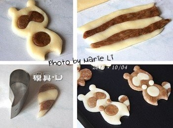 step9: 取兩色麵糰分別搓成長條狀
以一黑一白輪流方式做出條紋狀的麵糰
再以《模具-D》壓出浣熊的尾巴
用蛋液將尾巴黏合在浣熊的身體上即可。

※浣熊餅乾模沒有附小手的模具
    我拿松鼠的《模具-C》為浣熊做出小手來‧‧‧