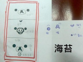 step2: 請先在紙上大概畫出想做的飯糰大小， 並將其分成三等份,分別畫上拉拉熊與小雞的五官. 再另外拿張紙描出眼睛.嘴巴.頭髮.鼻孔.（用來剪海苔用）