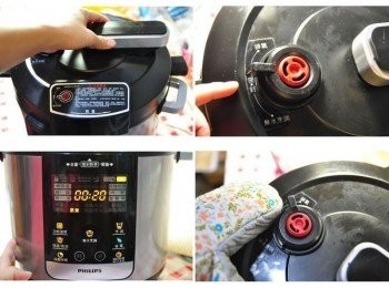 step4: 關起上蓋往左轉扣緊，選擇出氣閥轉至【密封】功能，接著按下【功能選擇-蒸煮】(20分鐘)，再按下右邊【烹調】啟動，待電源跳起後先悶鍋保溫5~10分鐘，再使用隔熱手套小心轉出氣筏至【排氣】後，稍等個20秒~30秒，將【保溫/取消】鍵再開蓋取出蒸魚