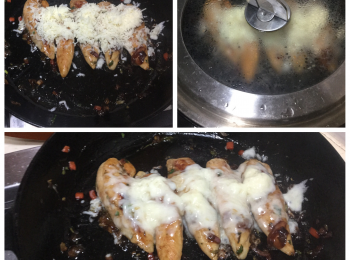 step16: 鋪上莫蘇里拉芝士, 蓋用餘溫焗熔芝士 (如不夠熱, 可開最高火加熱幾秒, 因有糖分, 小心煮燶).