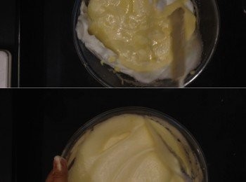 step10: 先把少許蛋白霜加入蛋黃糊，略略輕拌數下
再把所有蛋黃糊倒入蛋白霜，用fold-in方法（刨刀先圍碗邊刨一圈，剷底再反起麵糊）輕輕拌勻