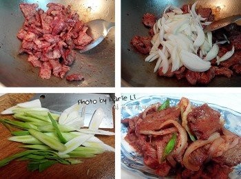 step3: 炒鍋中倒進一點沙拉油
油熱後先將肉片下鍋去拌炒至半熟
把洋蔥下鍋去一起拌炒
醃漬肉的紅麴可以在此時倒進來一起炒
直到洋蔥也炒熟了後加點鹽巴
把蒜苗斜切成片狀下鍋一起炒開來
待<span class="group_1">食材</span>全都熟了後即可。