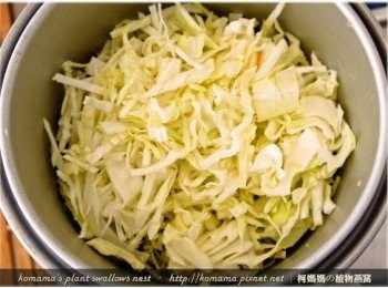 step6: 高麗菜用清水洗淨，分切成細絲後，鋪放在最上層，用一米量杯的水蒸煮。