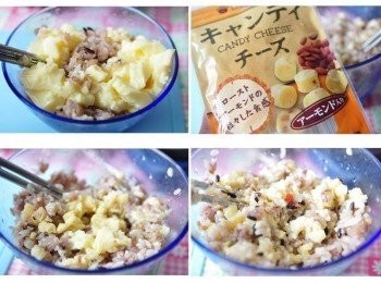 step3: 將芙蓉豆腐加入五穀米飯中拌碎，再取用起司球捏碎後放入一起拌勻