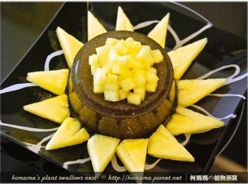 step3: 隨後在黑木耳健康凍的上層與四周，放入已切成丁狀與片狀的鳳梨。