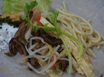 step4: 依各人喜好將<span class="group_1">食材</span>依序舖上潤餅皮上，記得要將較乾的<span class="group_1">食材</span>先墊底，再依序放入炒好的內餡，就不容易讓餅皮軟化破掉喔!!!最後再撒上花生粉或糖霜或海苔粉(絲)即可。