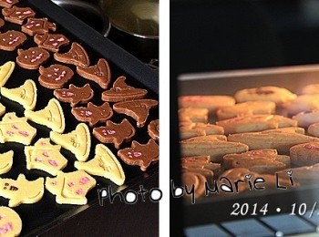 step6: 做好的餅乾擺放在烤盤上
用隔水加熱融化的巧克力來裝飾餅乾
送進已事先預熱好的烤箱中烘烤即可

烤箱設定：

上火：         170度
下火：         170度
烤盤放置：      上層
烘焙時間：    20分鐘


※ 每台烤箱的狀況皆不相同，請依自家烤箱的狀況做調整設定。