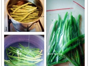 step1: 豆類先洗乾淨.之後有兩種方式可先作處裡

一般我會把豆子先過水川燙後(加少許鹽巴),
用冷水稍微沖過.(熱漲後急速冷縮可增加脆度)
通常我會買多些,一次性燙起來,分裝先冰入冷凍庫,
等料理時再拿出解凍
(解凍過後會出水,記得用紙巾把多餘的水先擦乾),
這樣可解省不少時間

若嫌太麻煩,也可以先把豆子切細粒,用油先炒過,
之後再與絞肉一起拌炒^^
兩種方式都是豆類呈現半熟狀態,再與肉一起處理,
是因為怕豆類炒不透,
除了吃起來的豆味很明顯外,"刮刮"的口感在嘴吧裡很不酥糊
