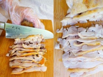 step6: 切片：雞腿肉也可切成片狀，口感綿軟易咀嚼，油膩感降低很多，比較沒有負擔。切塊有咬勁，保留較多的肉汁，切塊切片皆可。