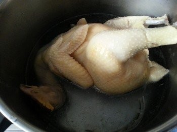 step5: 再將雞用預先雪凍的食用開水浸15分鐘待雞浸凍(浸冰水作用是令雞更爽口)