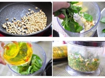 step2: 先將松子以少許的橄欖油低溫煸香，再將所有<span class="group_1">食材</span>放入調理機加入橄欖油後一起攪拌均勻成碎末醬。