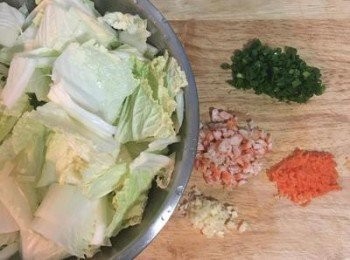 step1: 蝦米洗淨泡冷水，泡軟後切粗末；白菜洗淨，每片從中間直切後再切塊；蒜頭拍碎切末；紅蘿蔔刨細末；青蔥切細花。