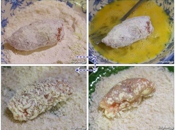 step5: 將巳完成的肉捲及豬排先裹上一層薄薄的低筋麵粉之後 再放入巳打散的全蛋液中完整的沾附蛋液，接著再均匀的沾上麵包粉後 放在另一乾淨的平盤上備用