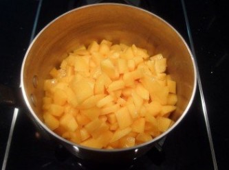 step2: 準備一個厚底鍋(我使用導熱性絕佳的銅鍋),放入芒果肉先用中小火煮滾釋出果汁。