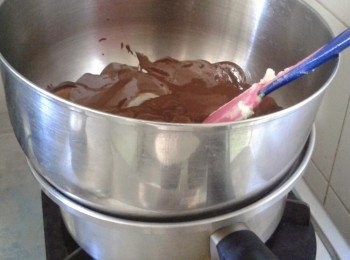 step1: 瑞士卷要徹底待涼備用。先用微波爐或隔水加熱溶化巧克力，待涼備用