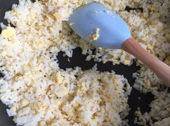 step2: 然後加入冷飯慢慢炒至粒粒分明，可以適當加少量水。