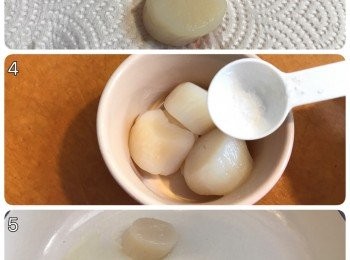 step3: 帶子解涷用廚房紙吸乾水份，用少許鹽醃一陣；煎香然後盛起備用；