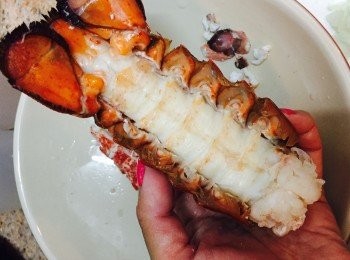 step2: 撈起龍蝦，用廚房剪將龍蝦肚部兩則剪開，將原條龍蝦肉取出並切件，龍蝦殼留作裝盤用。剪開龍蝦腳取肉，洋蔥切粒，備用。