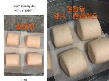 step7: 底下鋪烘培紙，用手從切面拿起饅頭，排入蒸籠並略微整型。蓋鍋蓋進行發酵（約45～60分鐘)，依室內溫度的不同發酵時間也會有差別。