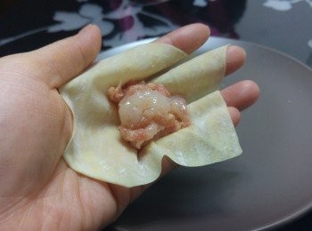 step5: 將適量餡料方在雲吞皮中央， 用手脂將雲吞皮接合成雲吞 （沒有特別技巧， 除意便可）