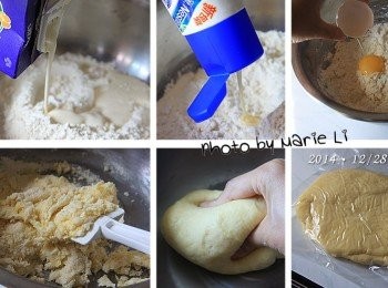 step2: 把鮮奶油和煉乳倒進工作盆裡的粉類中
拌勻之後再加進一顆蛋黃下去混合均勻並且捏合成糰
動作盡量迅速，以按壓的方式捏合成糰
過度搓揉易讓麵糰產生筋性影響口感

將成糰的餅乾麵糰放進乾淨的塑膠袋中
用擀麵棍擀成約 0.2cm厚度的片狀
放進冰箱中冷藏一個小時以上以利後續操作。