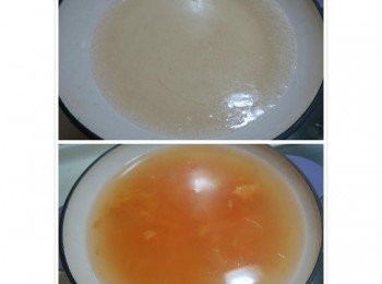 step2: 取一碗水加入一匙洋菜粉溶解煮滾關火.加入橘子和檸檬汁拌勻