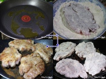 step4: 平底鍋熱鍋之後倒入適量的橄欖油，先將已醃好的胛心肉排
兩面都均勻的沾上麵粉，放入平底鍋，煎至全熟且兩面微焦後起鍋備用