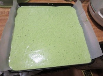 step5: 将拌好的蛋糊倒入垫了油纸的11inchx11inch的盘中，烤盘内 抹平表面轻轻震出气泡