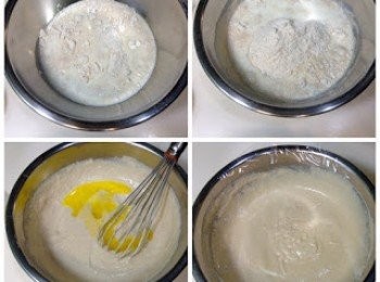 step4: 將1/2混合粉類倒入大鋼盆中，與1/2牛奶分拌合（選大一點的盆子，確保裝得下發酵兩倍的麵糊！）；再加入剩餘 1/2粉類及1/2牛奶拌合; 最後加入奶油拌合 (不要過度攪拌！麵糊會帶有少許粉粒！)
