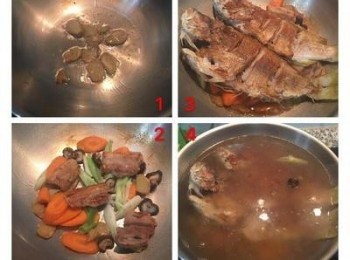 step4: 取另一大鍋，用少許油和香油將薑片炒香，再將香菇、紅蘿蔔片、大蔥白的那段也炒香，放入煎過的三層肉或火腿，再把煎好的魚放在上面，倒入花雕煮滾，再加水淹過魚並大火煮滾。