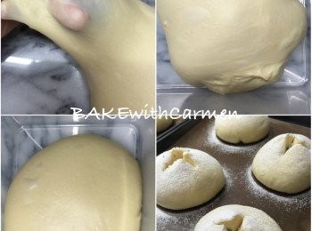 step1: 打好面糰放入膠盒靜止25分鐘, 翻一次麵, 再等25分鐘完成一發，取出排氣分割成8份(約每個98克)，蓋上布或保鮮膜靜止10分後, 排氣包入餡料, 多少隨個人口味, 但不要過量容易爆開, 揑緊收口向下放烤盤上做二發。
