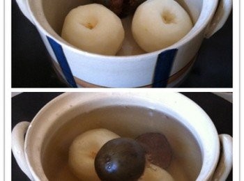 step2: 羅漢果切半跟雪梨一起下鍋，再放入煮滾的燒水1500ml-2000ml。