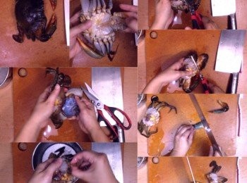 step4: 海蟹洗刷乾淨，去奄去肺後，在水喉下先沖洗乾淨，之後斬件