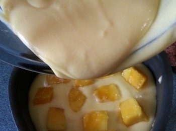 step14: 將留起180g的芒果粒取部份排於第一層mousse漿中,再倒入第二層mousse漿