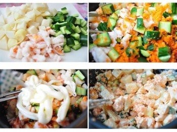 step7: 然後放入筍丁、小黃瓜丁、蝦肉、紅蘿蔔泥與沙拉一起均攪拌就完成囉~