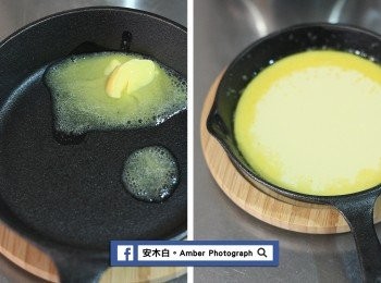 step3: 將已預熱的小鐵鍋取出，很燙請小心，放入適量無鹽奶油，用隔熱手套將小鐵鍋拿起來轉一下，讓無鹽奶油均勻沾附上小鐵鍋四周(左圖)。倒入麵糊，不用倒太多，約倒到鐵鍋1/3處(全部麵糊，約可做二份)，放入200度C的烤箱「底層」，烤約15~20分鐘(右圖)。
