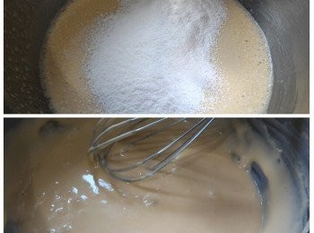 step2: 把低筋粉和泡打粉過篩，分次加入步驟(1)內拌勻，直至完全混合無粉粒。