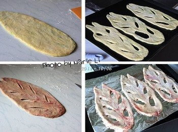 step5: 在這個步驟中瑪莉很是意想天開的以為
將麵糰做出幾個葉片的樣子
可以用麵包機烤出葉片來的想法實在不容易實現
不過，將麵糰做成葉片狀還是有其功用的。

做好的葉片噴點水放烤盤上靜置發酵 30分鐘
然後一片片交錯或不規則的隨意擺進麵包機容器中。

※記得先將容器中的攪拌葉片取出