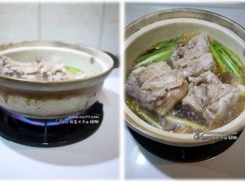 step4: 皮朝下放入走水後的肉，再倒入剩下的水進去，先大火煮滾後，再轉小火蓋上蓋子煮90分鐘