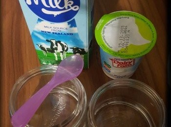 step1: 1.選擇自己喜愛的鮮奶和原味乳酪。

2.器皿一定要消毒及哄乾才能使用，這樣才不會養到其它的菌種。