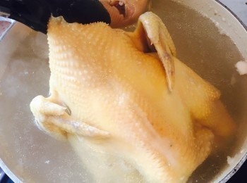 step5: 最後一次開蓋將雞拿起讓血水流出，保持小火浸約5分鐘。用筷子插入雞腿位置測試是否熟透，熄火。