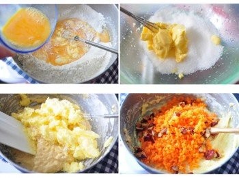 step2: (1)先將低麵與泡打粉過篩，再將雞蛋液放入充分拌勻(2)接著將融化奶油放入白糖中並加入椰子油拌勻(3)再加入粉餬中拌勻至無顆粒狀態(4)最後將紅蘿蔔細末、紅棗肉放入均勻拌攪