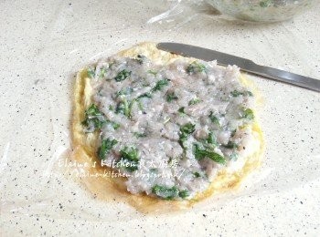 step7: 鋪上保鮮紙 , 放上一塊蛋皮 , 將量鯪魚肉放上再卷起