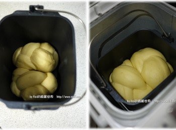 step6: 11 反過面，最上及最下端皆往中間位置折後，壓緊
12 再反過面即可，另一份麵團同方式辮好後，並排放入麵包容器
13 接著放回麵包機，按下品項21讓它發酵至8分滿後，按下取消鍵