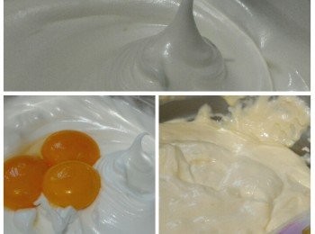 step3: 鹽加入蛋白內再把砂糖分3次加入打至蛋白企身起角後加入蛋黃用膠刮刀拌勻。然後分3至4次篩入粉類拌勻。